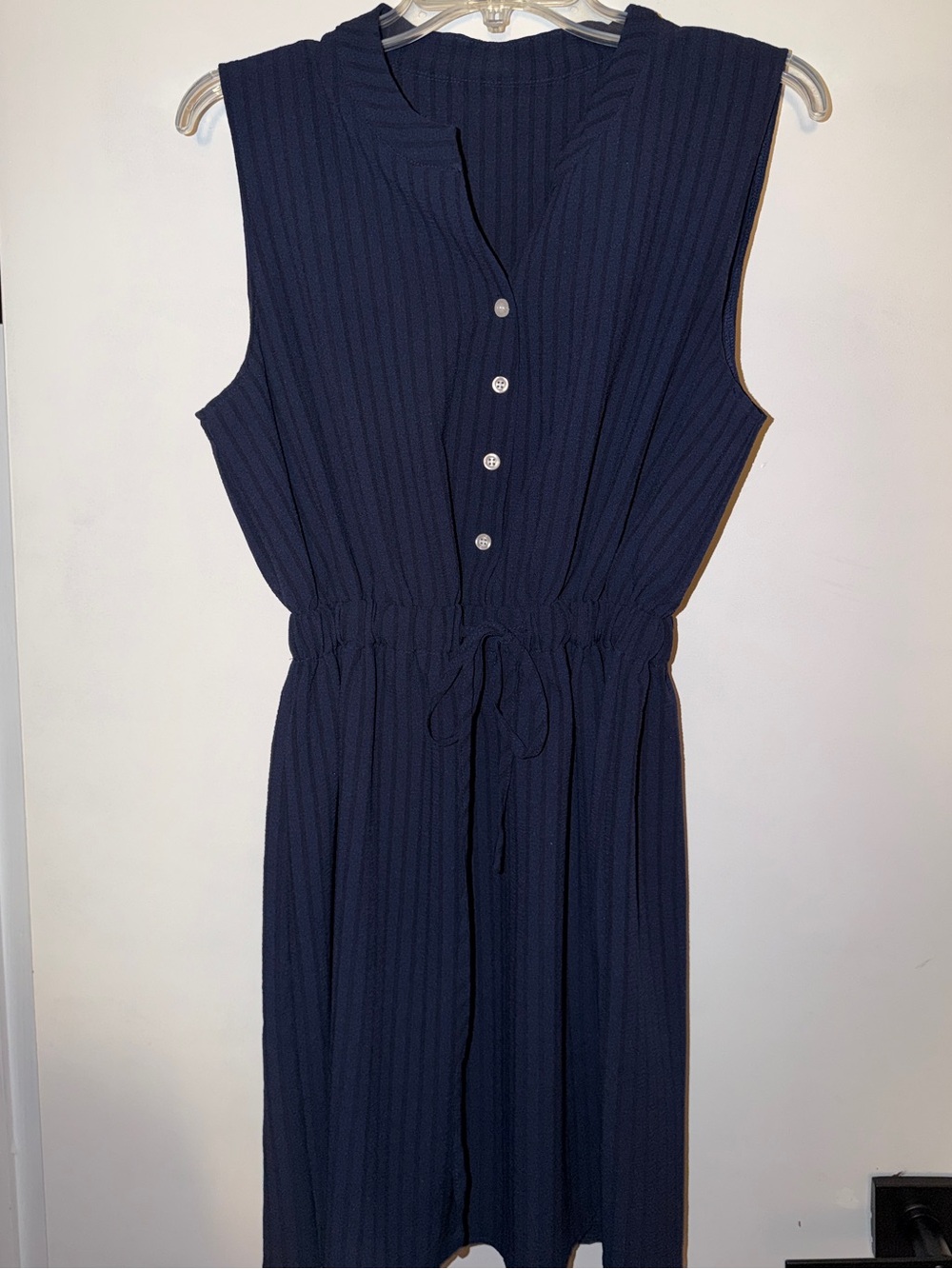 Sleeveless Navy Button-Front Drawstring Dress